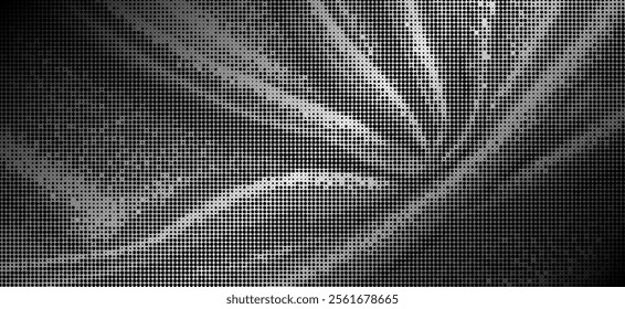 Abstract swirling pattern composed of green and purple. The pattern consists of countless tiny dots, creating a gradient effect. The rotating shapes and the gradation of colors make this image highly 