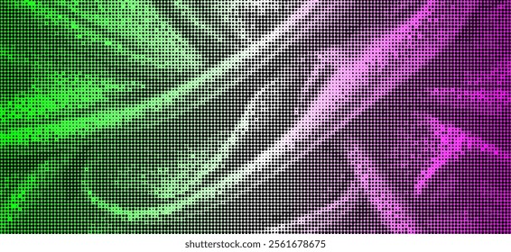 Abstract swirling pattern composed of green and purple. The pattern consists of countless tiny dots, creating a gradient effect. The rotating shapes and the gradation of colors make this image highly 