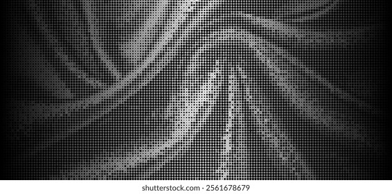 Abstract swirling pattern composed of green and purple. The pattern consists of countless tiny dots, creating a gradient effect. The rotating shapes and the gradation of colors make this image highly 