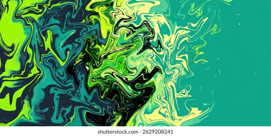 an abstract, swirling pattern of green, teal, yellow, and black resembling liquid or marble.