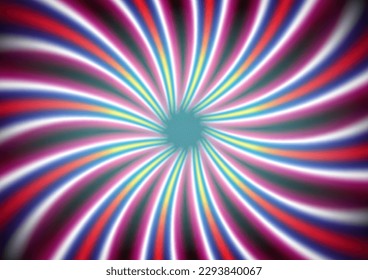 Abstract swirling radial pattern background of pink, yellow, red and green stripes. Helix sunburst vector background