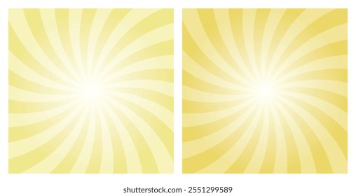 Abstract swirling radial sunshine colorful vector background set. Khaki yellow and Kings yellow sunburst background template for banner, business, social media advertising. Cartoon backdrop.