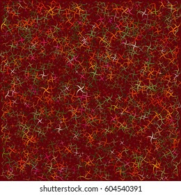 Abstract swirling shapes vector background. Multiple spinning colorful forms on dark red backdrop. Chaotic placer of green, orange, brown elements. Graphic design.