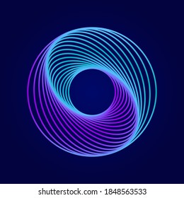 Abstract swirling symbols. Twisted wireframe tunnel. Curved blue shape. Technology glowing logo element.