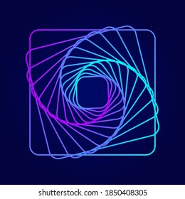 Abstract swirling symbols. Twisted wireframe tunnel. Curved blue shape. Technology glowing logo element.