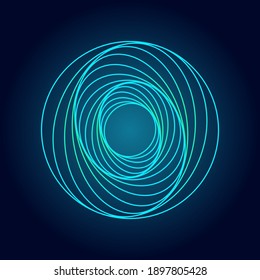 Abstract swirling symbols. Twisted wireframe tunnel. Curved blue shape. Technology glowing logo element.