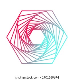 Abstract swirling symbols. Twisted wireframe tunnel. Curved blue shape. Technology glowing logo element.