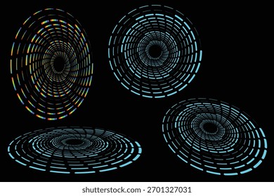 Abstract swirling tunnel vortex with rainbow and blue segments on black spiral