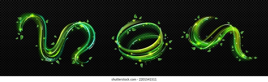 Abstract swirls decorated with green plant leaves png set isolated on transparent background. Wavy wind trails shining with sparkles 3D vector illustration. Symbol of natural purity. Organic concept