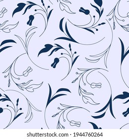 Abstract swirls floral pattern, seamless tropical leaves vector illustration