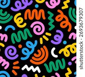 Abstract swirls, lines and spirals, bold doodles, geometric seamless pattern, background. 