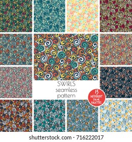 Abstract swirls seamless pattern in 13 different color palettes. Vector Backgrounds.