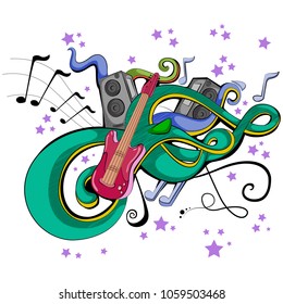 Abstract swirly musical background with Guitar music instrument in vector