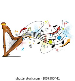 Abstract swirly musical background with Harp music instrument in vector