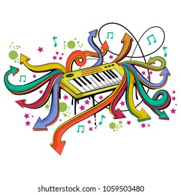 Abstract swirly musical background with Keyboard Synthesizer music instrument in vector