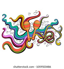 Abstract swirly musical background with Maraca shaker music instrument in vector