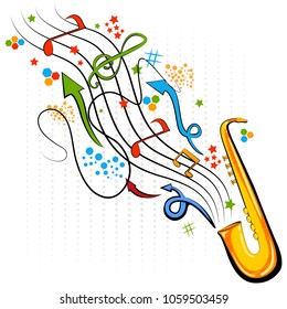 Abstract swirly musical background with Saxophone music instrument in vector