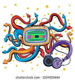 Abstract swirly musical background with Tape Recorder and Headphone music equipment in vector