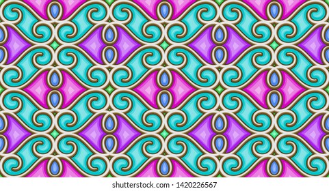 Abstract swirly ornament in bright colors, decorative ornamental tile, vector geometric seamless pattern