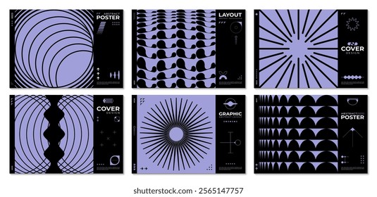 Abstract swiss graphic poster with y2k brutal geometric shapes and patterns show modern retro futuristic aesthetics. Vector covers or layout templates with surreal figures in purple and black colors