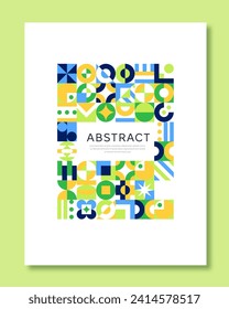 Abstract swiss poster. Minimalistic creativity and art. Flyer and booklet. Template and layout for leaflet. Circles and squares. Cartoon flat vector illustration isolated on green background