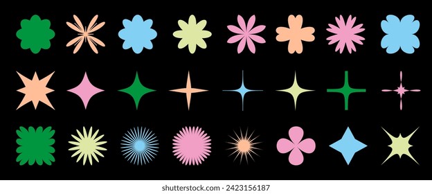 Abstract swiss style geometric figures, shapes, stars, flowers. Modern elements in Y2k, brutalism style. Vector illustration
