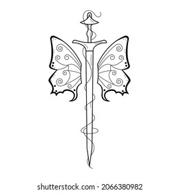 Abstract Sword Blade With Butterfly Wings Insect Doodle Outline Vector Design Style Tatoo Vintage