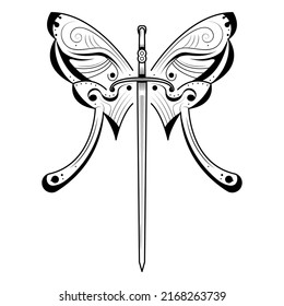 Abstract Sword Blade With Butterfly Wings Insect Doodle Outline Vector Design Style Tatoo Vintage