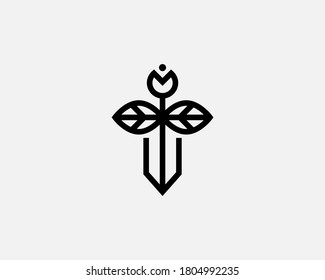 Abstract sword dagger blade knife with a handle made of flower and leaves logo. Creative vector knight weapon defense icon sign logotype vector design template isolated on light background.