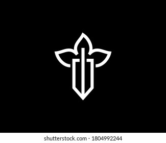 Cuchillo de la cuchilla de la espada de la espada abstracta con una manecilla hecha de la plantilla del vector de diseño del logo de hojas en estilo lineal. Universal creativo knight arma defensa vectorial icono de signo de logotipo aislado en el fondo negro