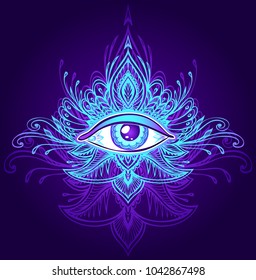 Abstract symbol of All-seeing Eye in Boho Indian Asian Ethno  style blue lilac on dark for decoration T-shirt. Concept magic occultism esoterics 