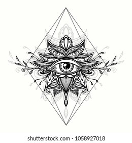 Abstract symbol of All-seeing Eye in Boho Indian Asian Ethnic  style for tattoo black on white for decoration T shirt or for coloring page or adult coloring book. Concept magic occultism esoterics 