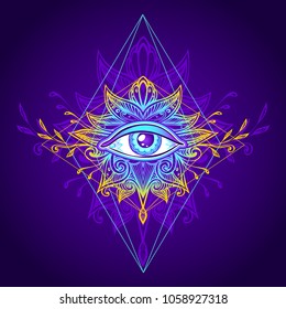 Abstract symbol of All-seeing Eye in Boho Indian Asian Ethnic  style in blue gold for decoration T shirt. Concept magic occultism esoterics. Computer games element 