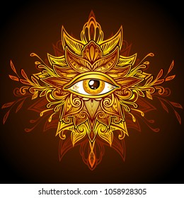 Abstract symbol of All-seeing Eye in Boho Indian Asian Ethnic  style in yellow gold brown for decoration T shirt. Concept magic occultism esoterics. Computer games element 