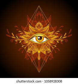 Abstract symbol of All-seeing Eye in Boho Indian Asian Ethnic  style in yellow gold brown for decoration T shirt. Concept magic occultism esoterics. Computer games element 