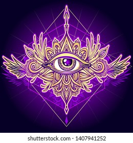 Abstract symbol of All-seeing Eye in Boho  Indian Asian Ethnic style gold on violet for decoration T-shirt or for other things. Concept magic occultism Esoteric. Vector icon