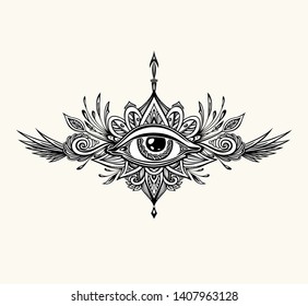 Abstract symbol of All-seeing Eye in Boho  Indian Asian Ethnic style for tattoo black on white for decoration T-shirt or for coloring page or adult coloring book. Concept magic occultism Esoterica
