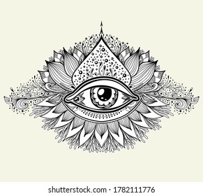 Abstract symbol of All-seeing Eye in Boho Eastern  Ethnic style black on white  for tattoo or for decoration T-shirt or for coloring page book. Concept magic occultism Esoteric