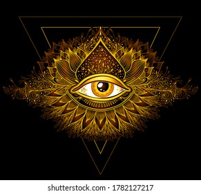 Abstract symbol of All-seeing Eye in Boho Eastern  Ethnic style gold on black for decoration T-shirt or for computer game. Concept magic occultism Esoteric