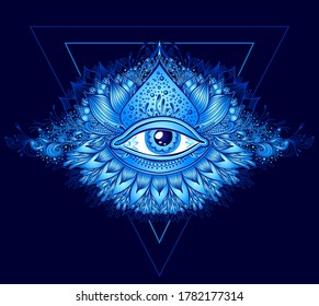 Abstract symbol of All-seeing Eye in Boho Eastern  Ethnic style blue on black for decoration T-shirt or for computer game. Concept magic occultism Esoteric