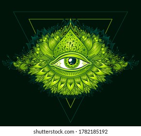 Abstract symbol of All-seeing Eye in Boho Eastern  Ethnic style green on black for decoration T-shirt or for computer game. Concept magic occultism Esoteric