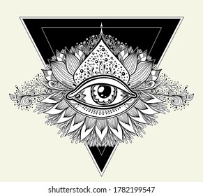 Abstract symbol of All-seeing Eye in Boho Eastern  Ethnic style black on white  for tattoo or for decoration T-shirt or for coloring page book. Concept magic occultism Esoteric