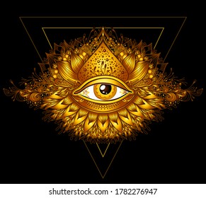 Abstract symbol of All-seeing Eye in Boho Eastern  Ethnic style gold on black for decoration T-shirt or for computer game. Concept magic occultism Esoteric