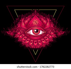 Abstract symbol of All-seeing Eye in Boho Eastern  Ethnic style red on black for decoration T-shirt or for computer game. Concept magic occultism Esoteric
