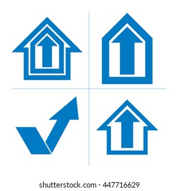 Abstract symbol with an arrow in the shape of checkmark pointing up, special homes icons with arrows. Set of business growth trend vector signs, company development conceptual icons.