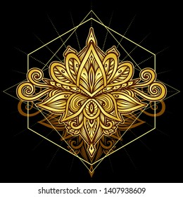 Abstract symbol in Boho  Indian Asian Ethnic style gold on black for decoration T-shirt or for  package perfume or tea and other things