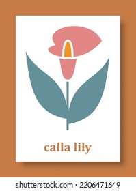 Abstract symbol of calla lily flower. Simple minimal style of calla lily petals and branch with leaves for social media, cards, mobile concepts, business, posters and web design. Vector illustration.
