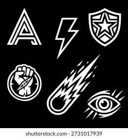 Coleção de Símbolos Abstratos com Raio, Escudo e Punho de Força. Conjunto de ícones de símbolos de potência e força com relâmpago e punho levantado. Conjunto de Ícones de Símbolos Gráficos para Branding, Logotipos e Vestuário. 