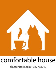 Abstract symbol of comfortable house. The stylized image of a house with a cat and a cup of hot drink. Vector illustration