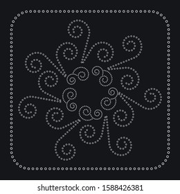 Abstract Symbol  Composition On Black Background. Swirl And Spiral Style Elements. Beautiful Stars Set. White Dots Lines. Elegant Design. Isolated Objects. Monochrome Vector Illustration
